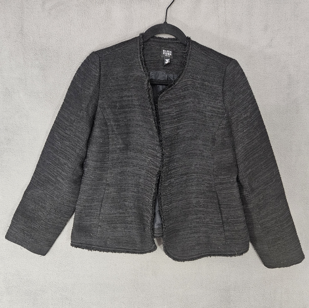 Eileen Fisher Jacket Petite Medium Black Open Front Blazer Coat Textured Fringe